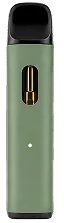 Sage green vape pen device with visible golden oil cartridge window
